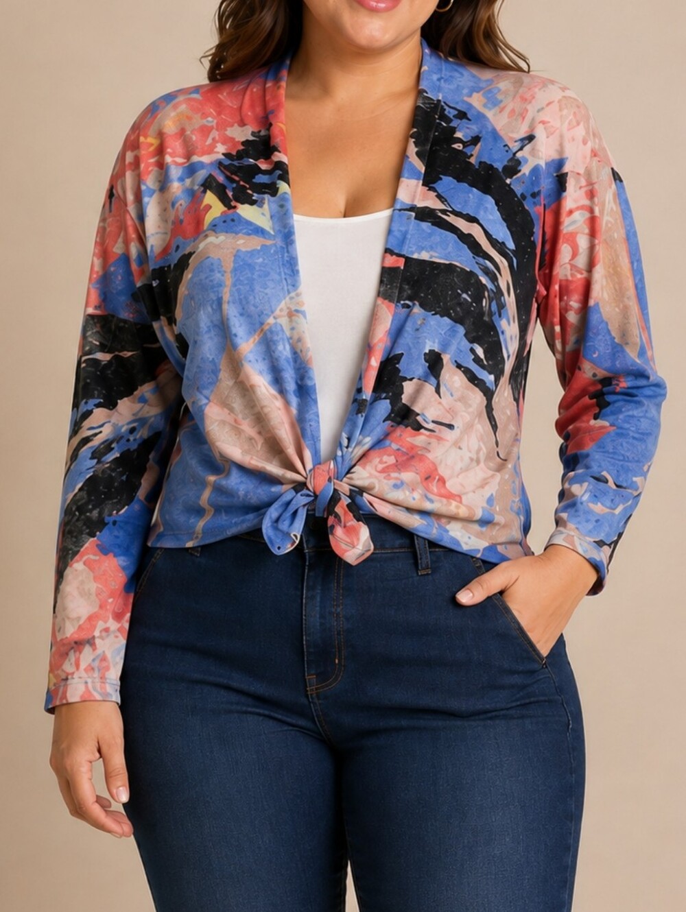 Nic+Zoe Plus 1X Dreamscape 4-way Longsleeve Cotton Blend Cardigan Top Artsy